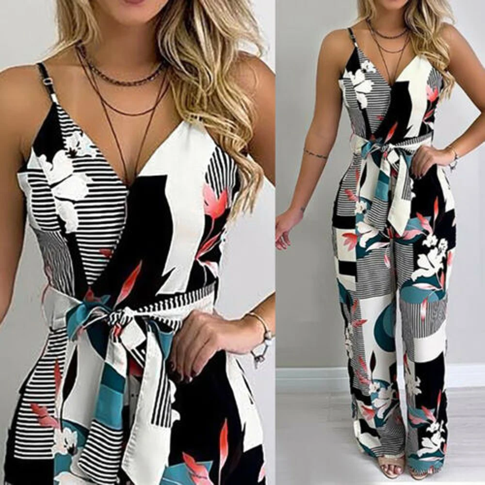 

2021 Summer Women Casual Sleeveless V-Neck Jumpsuits Ladies Boho Floral Bodysuit Wide Leg Loose Long Pants Trousers Plus Size