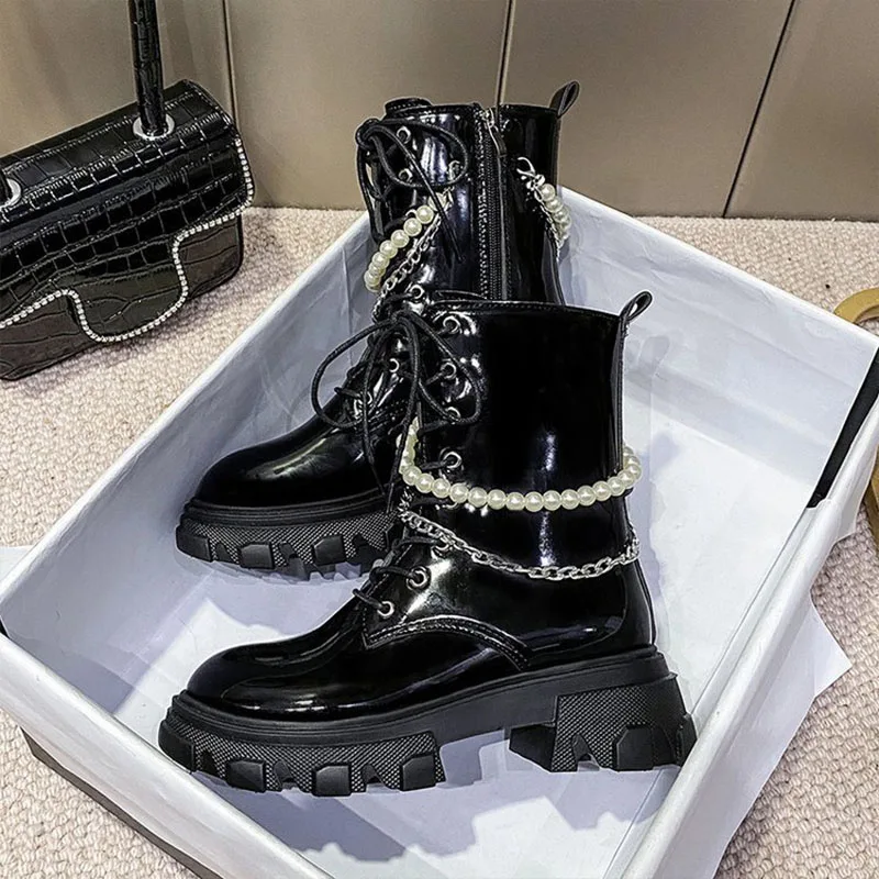 2021 shoes woman Boots Women Chunky Martin Shoes Zipper Cross Strap Pearl Chain Fashion Platform Ankle Boots Thick Heels