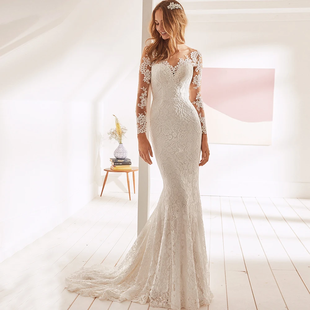 

Mermaid Serious 2021 V-Neck Wedding Dress for Bride Backless Slim Long Sleeve Tulle Lace Appliques Customized Vestidos De Novia