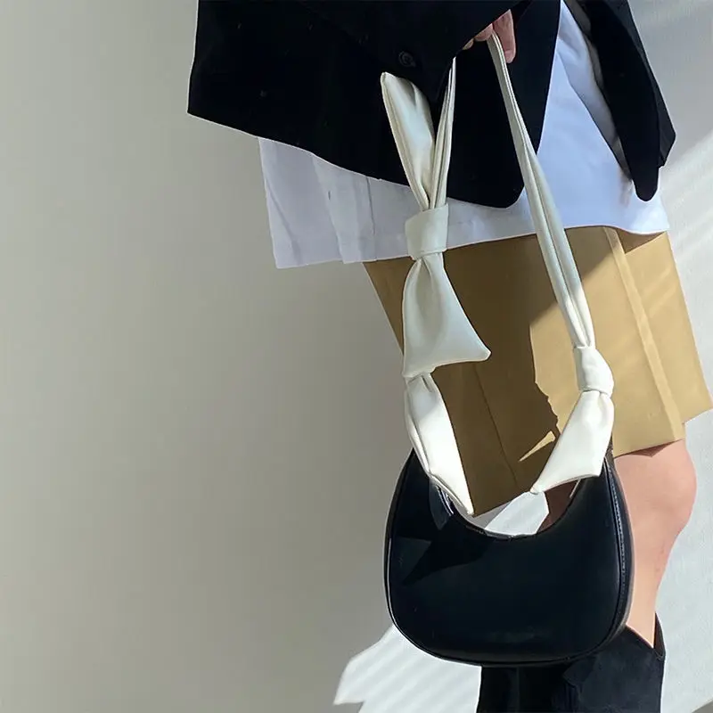 

PU Leather Women Black Underarm Bag Retro Solid Color Ladies Handbags with Bow Strap Fashion Design Girls Small Shoulder Bags