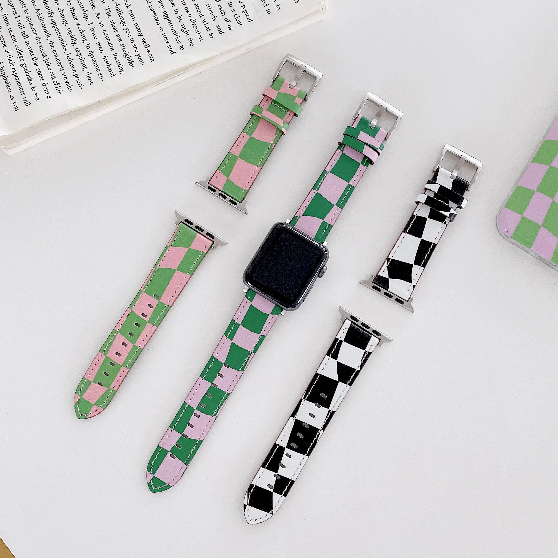 

Тонкий кожаный ремешок для Apple Watch Series 7 SE 6 5 4, шахматный браслет в Корейском стиле для iwatch 40 мм 44 мм 41 мм 45 мм 38 мм 40 мм