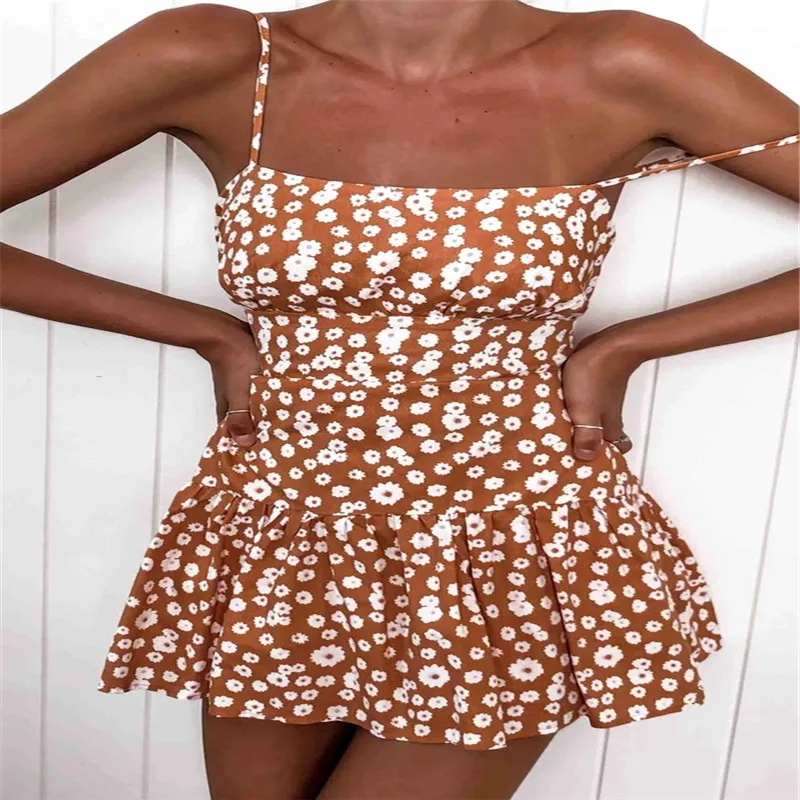 

2020 Dasiy Print Mini Dress Women Spaghetti Strap Sleeveless Floral Dresses Ruffle Lady Dress Sexy Off Shoulder Summer Dresses