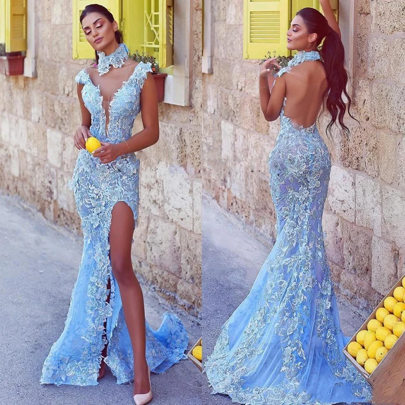 

Light Sky Blue Prom Dresses Sexy Backless off shoulder Mermaid Evening Gowns Sexy High Split Formal Party Dress