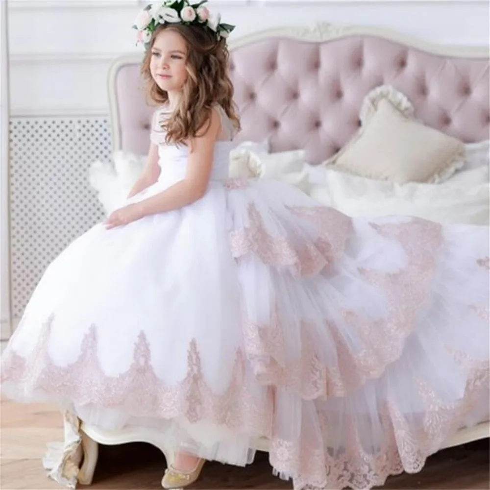 

Elegant A-Line Fower Girl Dresses White/Ivory Beading Crystal Princess Dress For Weddings First Communion Pageant Gowns