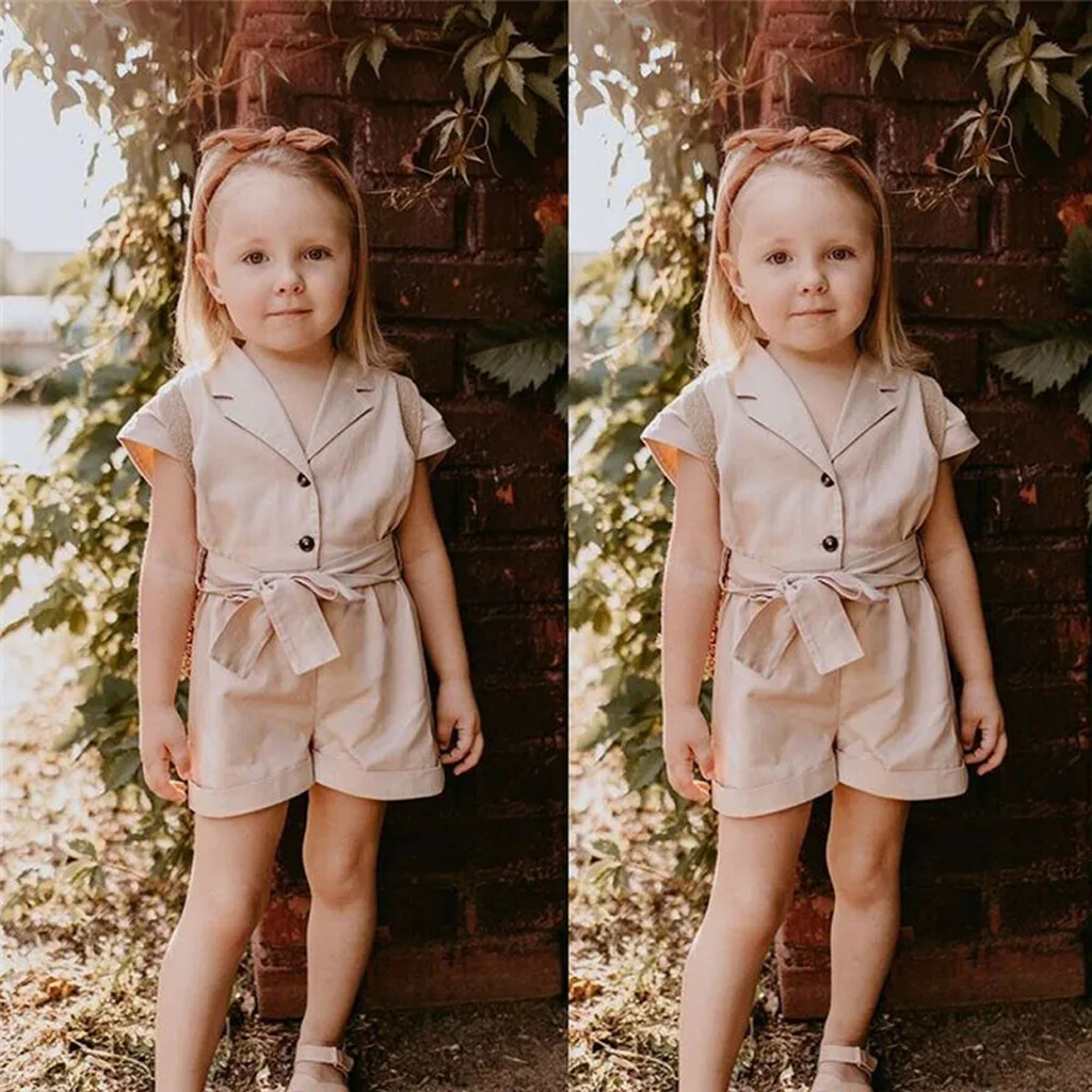 (От 2 до 7 лет) однотонный комбинезон с коротким рукавом для девочек летний простой