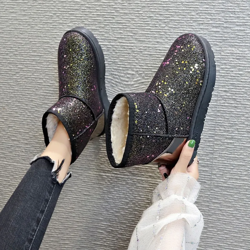 Модные ботиночки на плоской подошве с блестками Женская хлопковая обувь Зимние