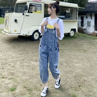 2021 new denim overalls womens spring and autumn korean version of loose casual waistband nine point wide leg pants