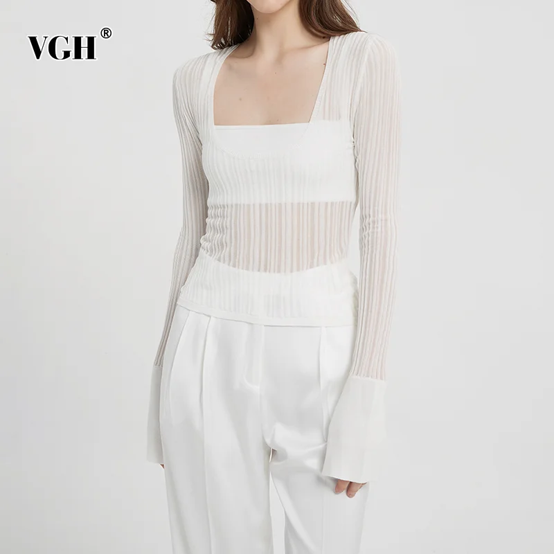 

Женская облегающая футболка VGH, белая прозрачная футболка с квадратным вырезом и длинным рукавом, корейская мода, повседневные футболки для...