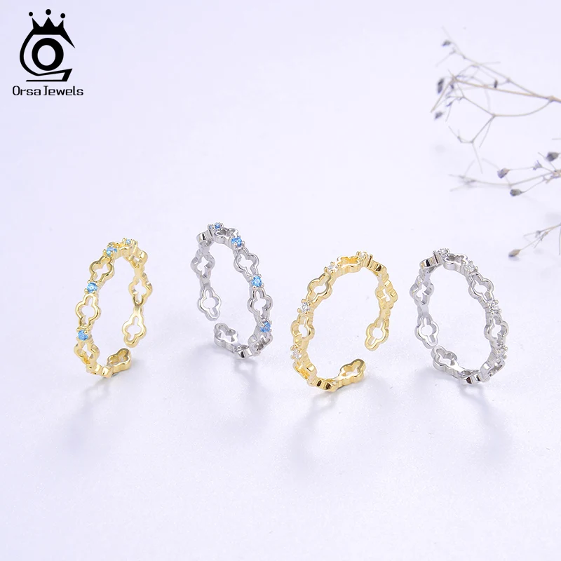 ORSA JEWELS кольцо чистый 925 Серебряные Регулируемые кольца для Для женщин 4 стиль Дополнительный синий и ясно AAAA фианит укладки вогнутые кольца ювелирные изделия SR140