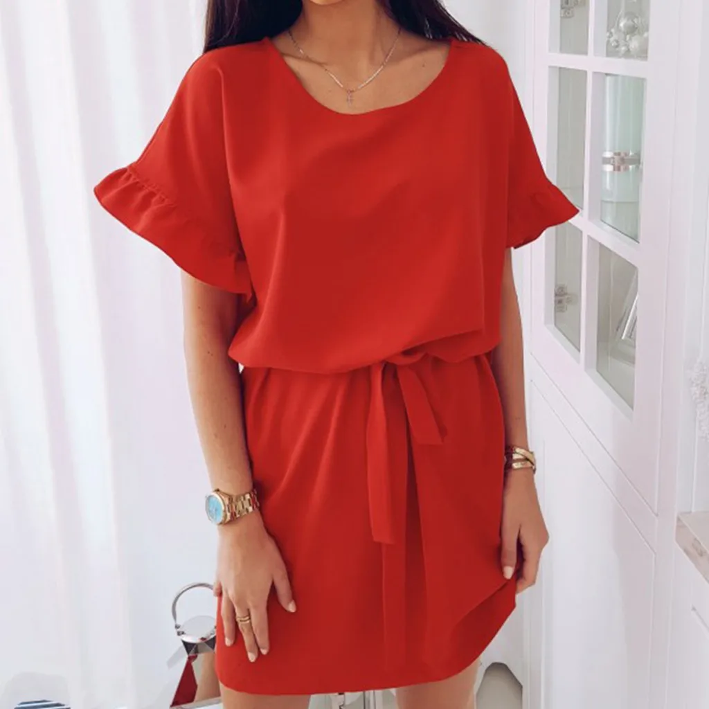 CHAMSGEND Dress Women Fashion Butterfly Short Sleeve Loose Summer Large Size O-Neck Solid Casual Belt Vestidos F228 | Женская одежда