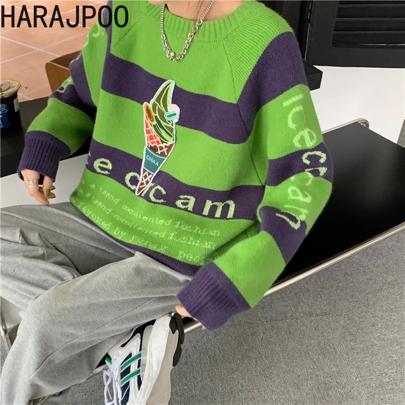 

Harajpoo Clothing Female Letter Striped Knit Sweater Women Spring Fall Loose Wearing 2021 New Japanese Lazy Oaf Green Pullover