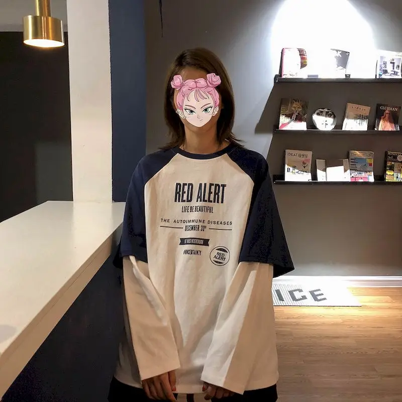 

2021 Spring New Fake Two Piece Long Sleeved T shirt Women Tops Bottoming Shirt Loose Casual Korean Loose Ins Tide Female Tshits