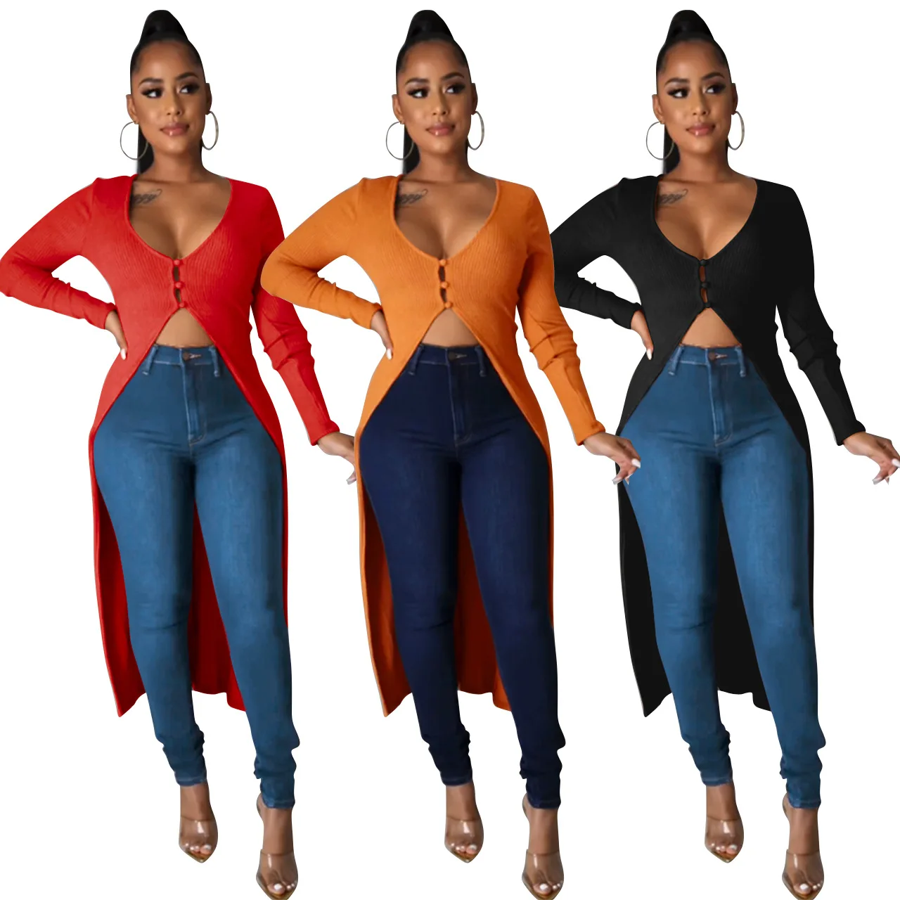 

Sexy Ribbed Solid Hollow Out Irregular Long Top for Women V Neck Long Sleeve Single Breasted Cardigan Autumn Female Clothings