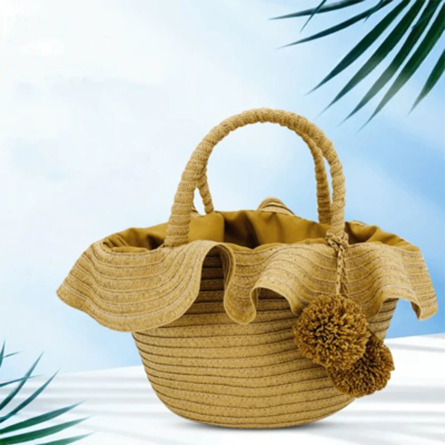 

Bohemian Ruffled Straw Women Handbags Flounced Big Beach Women's Bag Bali Paper Rope Woven Seaside Females Tote Summer Hand Bags