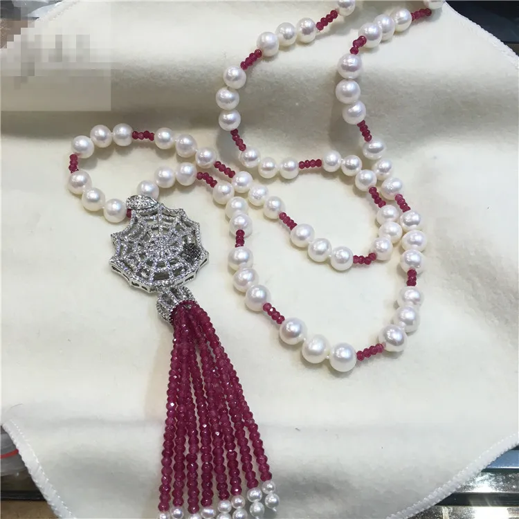 

Hand knotted natural 8-9mm white nearl round freshwater pearl red stone micro inlay zircon tassel necklace fashion jewelry