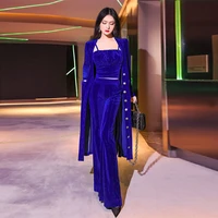 solid color high grade velvet suit womens autumn 2021 new fashion suspender electro optic blue long coat pants three piece set