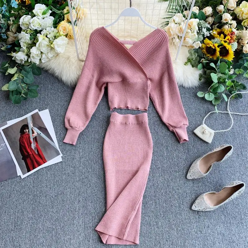 

Winter Two Piece Set Women Sweater Top And Skirt 2 Piece Knitted Set Women Clothes Elegant Sexy Bodycon Sets Outfits