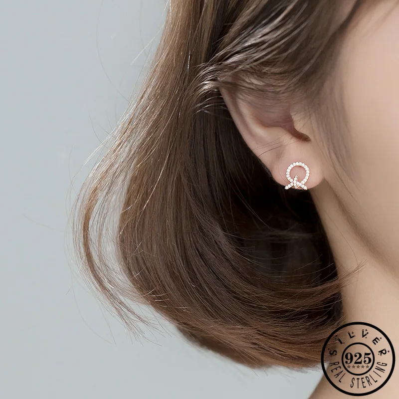 

925 Sterling Silver Cubic Zirconia Geometric Shape Rose Gold Color Plated Statement Wedding Ear Studs Earrings for Women