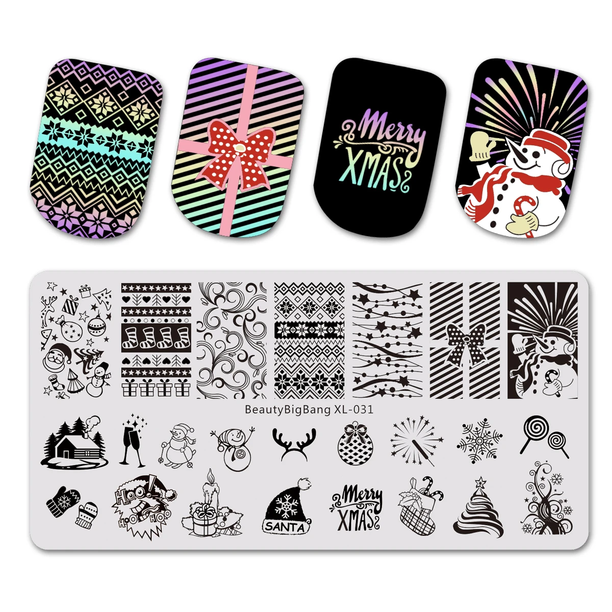 

BEAUTYBIGBANG Christmas Snowman Xmas Tree Pattern Manicure Image Nail Art Stamping Plate Template Festival New Year Nail Stencil