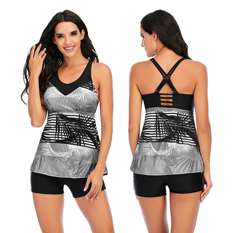 

Retro Black Print Plus Size Tankini Set Swimwear Women Swimsuit With Short 2 Pieces Sets Bathing Suit S-2XL