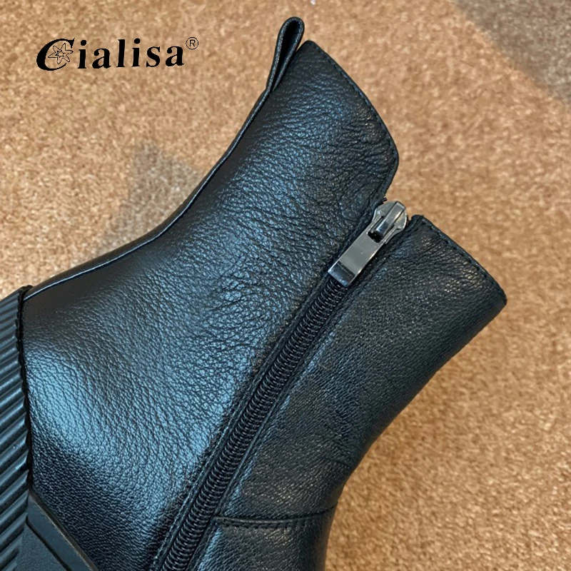 

CIALISA 2020 Ankle Boot Zipper Genuine Leather Round Toe Mid Heel Women Shoes Fashion New Design Chunky Heel High Quality Boot