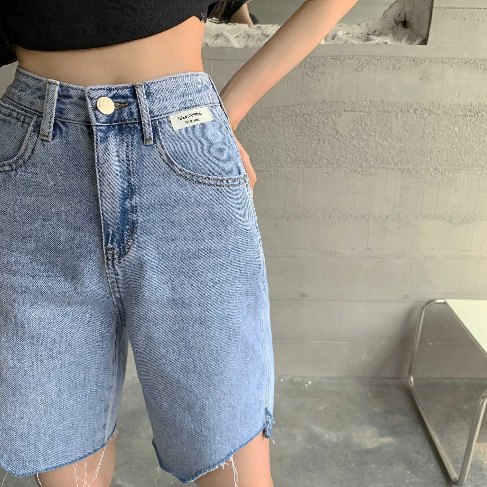 

Korean Style Labeling Blue Denim Shorts Women's Summer Loose Cropped Pants Slimming High Waist Ripped Raw Hem Wide Legs Middle