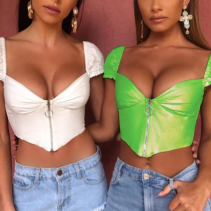 

Summer Women's Puff Sleeve Folds Short T-Shirts V-Neck Zipper Female Sexy Skinny Tops 2021 Fashion Streetwear Ladies T-Shirt