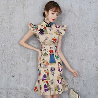 2021 traditional chinese dress women sleeveless vestidos vintage qipao sexy flower print oriental mini cheongsam satin dress
