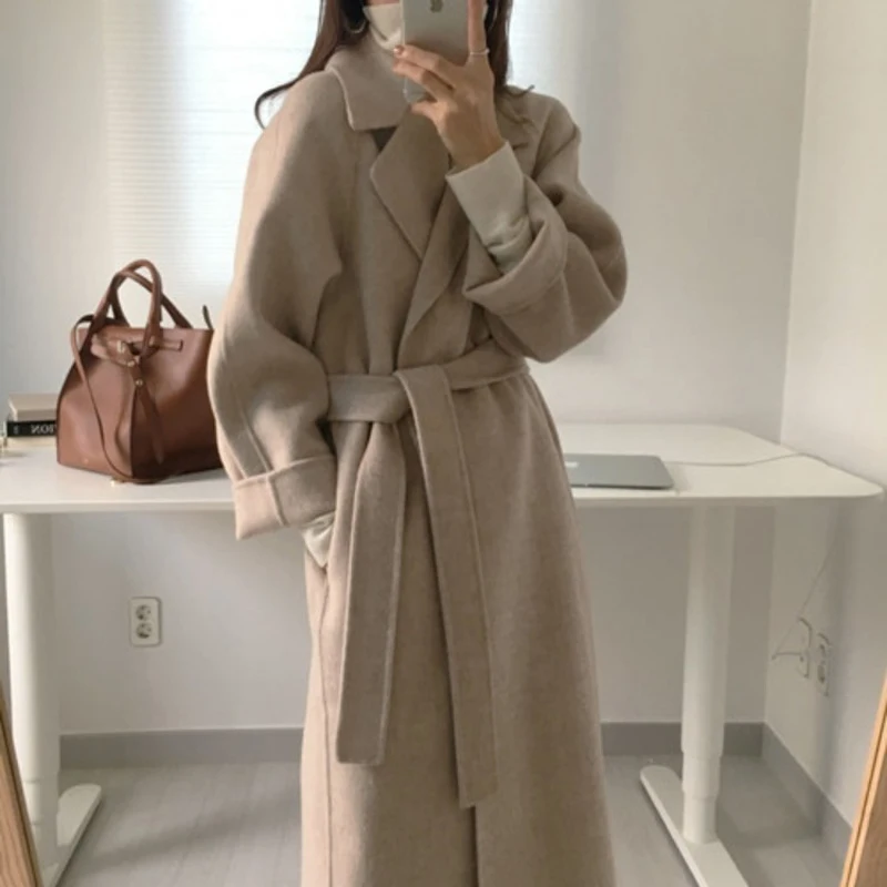 Women Elegant Long Wool Coat With Belt Solid Color Long Sleeve Chic Outerwear Ladies Overcoat Autumn Winter 2021