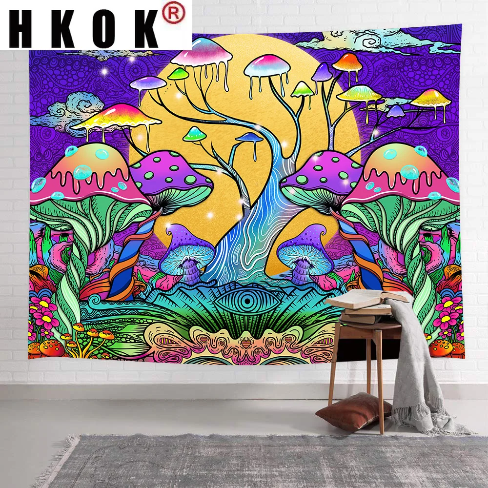

HKOK Psychedelic Mushroom Tree Tapestry Trippy Forest Sun Art Wall Hanging Tapestries for Living Room Bedroom Home Decor