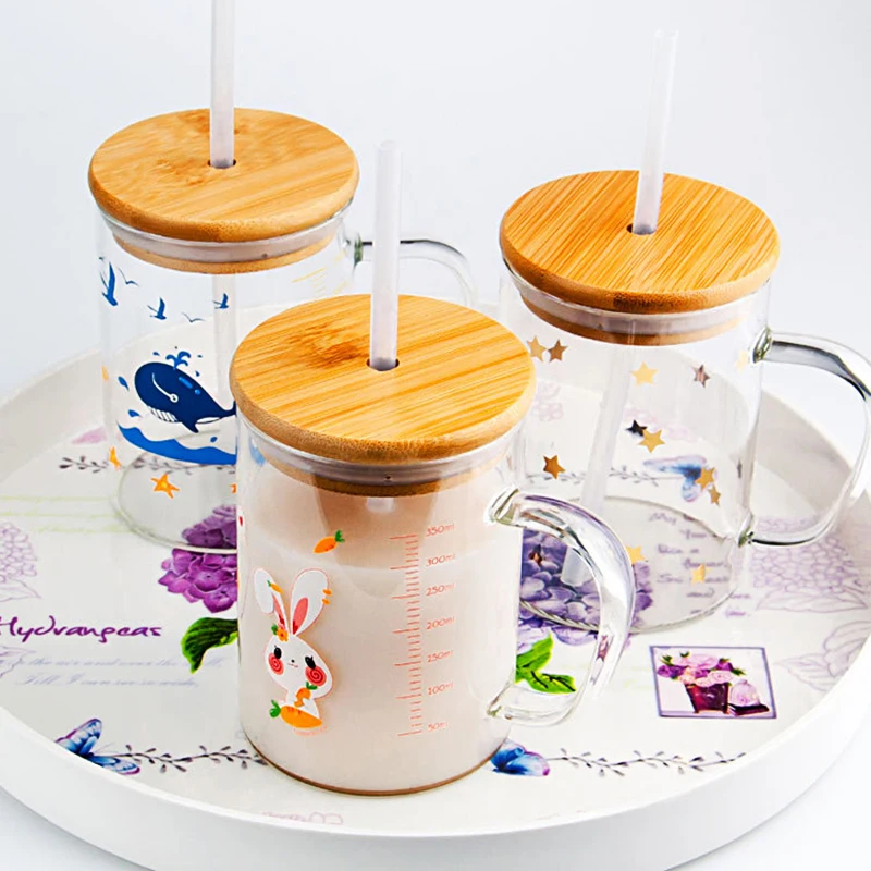 350ml Cartoon Straw Mug Glass Scale Cup Children's Milk Breakfast Mugs with Handle Lid Cute dinosaur cold drink glass - купить по