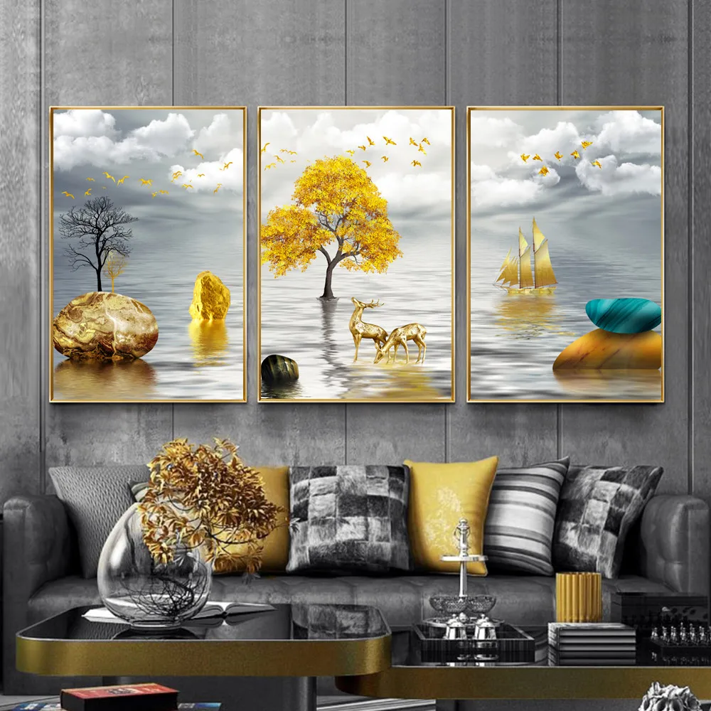 

Gold Trunk Lake Natural Landscape Canvas Painting Posters and Prints Canvas Wall Art Pictures Wall Decoration for Living Room