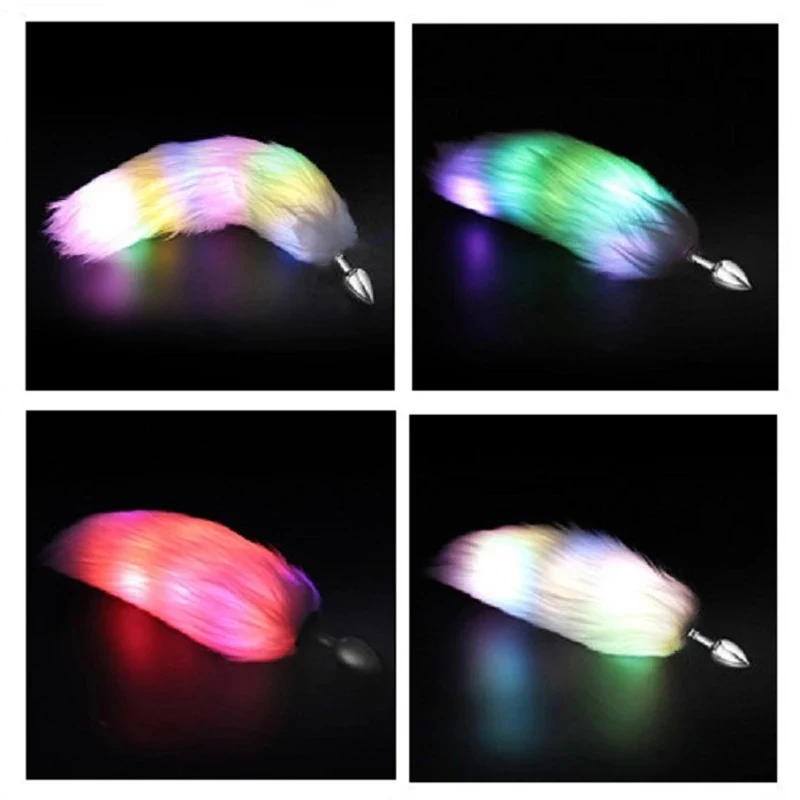 

Luminous light fox tail Metal silicone anal beads butt plug erotic gay BDSM cosplay party game insert Anus Sex toy for couple