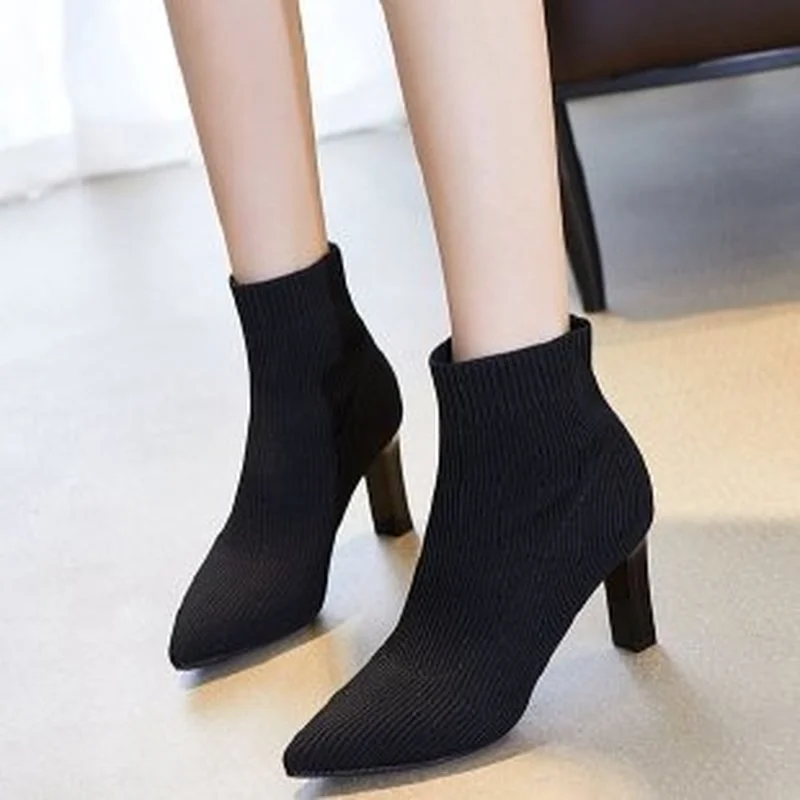 

Женские Эластичные ботильоны из эластичной ткани на шпильке с острым носком 2021 женские ботинки на лодыжке женские ботинки с металлическим ...