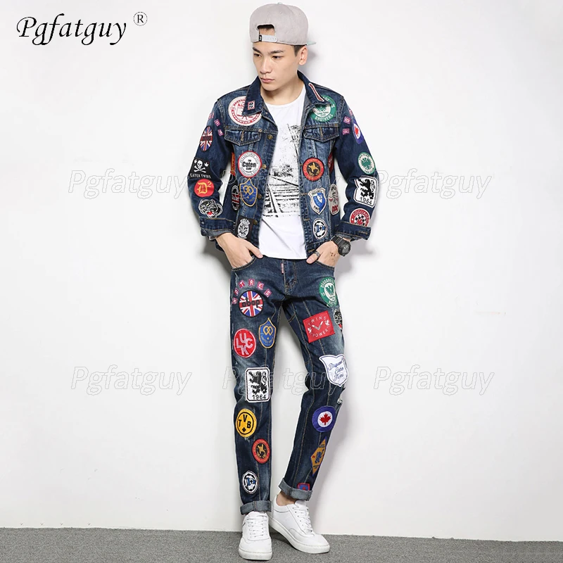 Комплект из синей джинсовой куртки и джинсов мужской облегающий костюм для