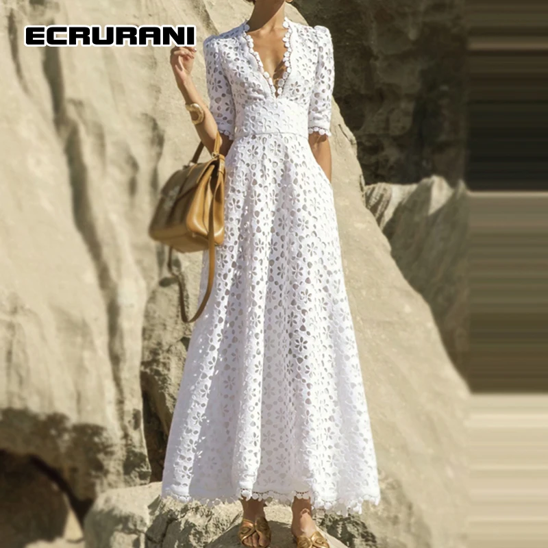 ECRURANI Hollow Out White Dress For Women V Neck Half Sleeve High Waist Slim Elegant Solid Midi Dresses Female New 2022 Spring