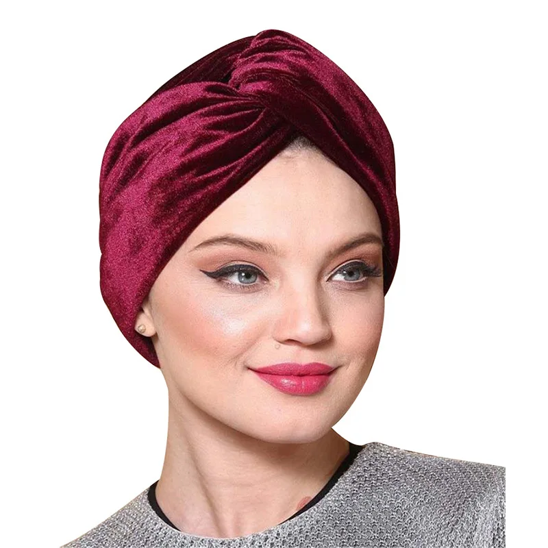 

Velvet Ethnic Hat Warm Chemotherapy Hat Turban Hat Cross-twisted Warm Hat Forehead Cross Hijab Caps Underscarf