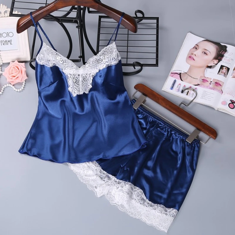 

Women's Pajamas Sexy Satin V-Neck Lace Sling Sleepwear 2 Piece Casual Cami Short Sleeve and Shorts Set Ladies Loose Nightwear