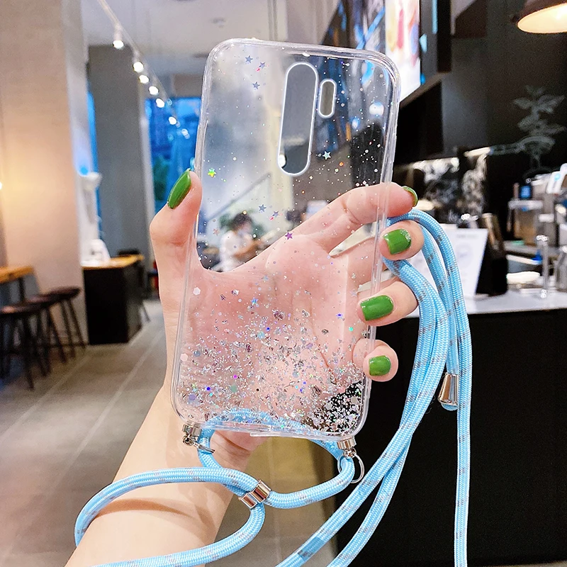 

Ultra-thin Bling Glitter Lanyard Silicone Phone Case For Xiaomi Redmi Note 9 8 7 Mi 10 9 T Lite Pro Luxury Necklace Rope Cover