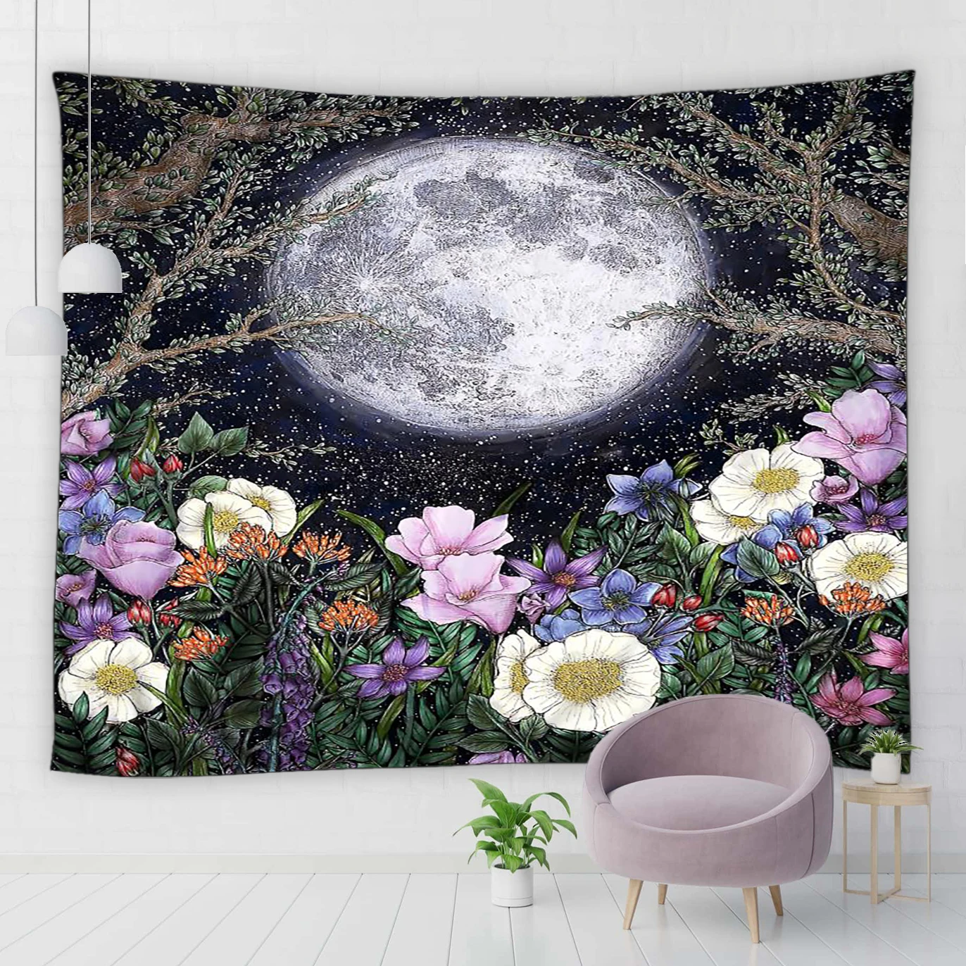 

Garden Tapestry Bedroom Moon Tapestry Full Moon Surrounding Plant Flower Black Room Decor Floral Wall Hanging Dorm Art Hippie