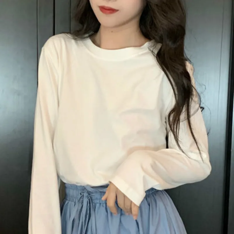 

Long Sleeve T-shirts Women Teens Tops Fashion Camisetas Minimalist Spring Round Neck Ropa Female Long Sleeve Solid Simple Chic