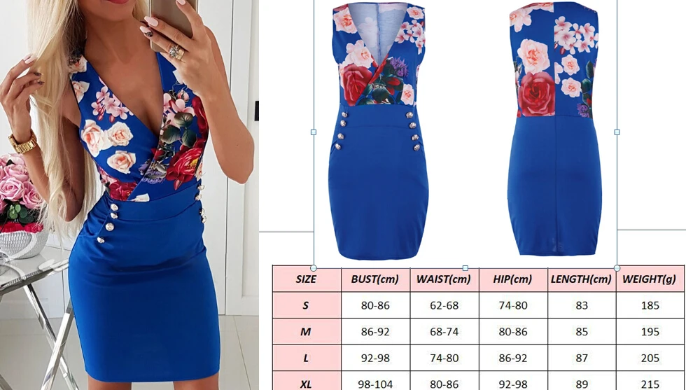 

New Women Deep V Neck Sexy Dresses Floral Print Button Bodycon Bandage Casual Sleeveless Party Short Mini Dress