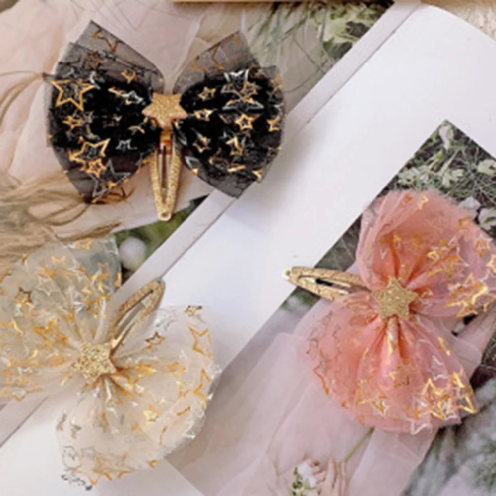 

Children Hair Accessories Five Pointed Star Mesh Hair Bow Clips Hair Ring Glitter Star Decor Hairgrips Barrettes Girls Hair Ties