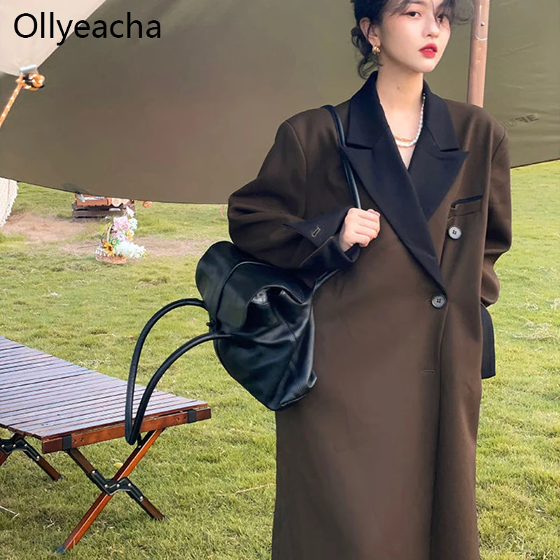 

Ollyeacha Women long windbreaker contrast color suit collar trench coat thin brown outer clothing Loose warm Abrigo de invierno