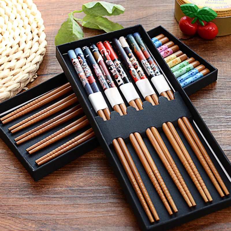 

Reusable 5 Pair Set Handmade Bamboo Japanese Natural Wood Chopsticks Sushi Food Cat Flower Multi color Wooden Chop sticks NEW