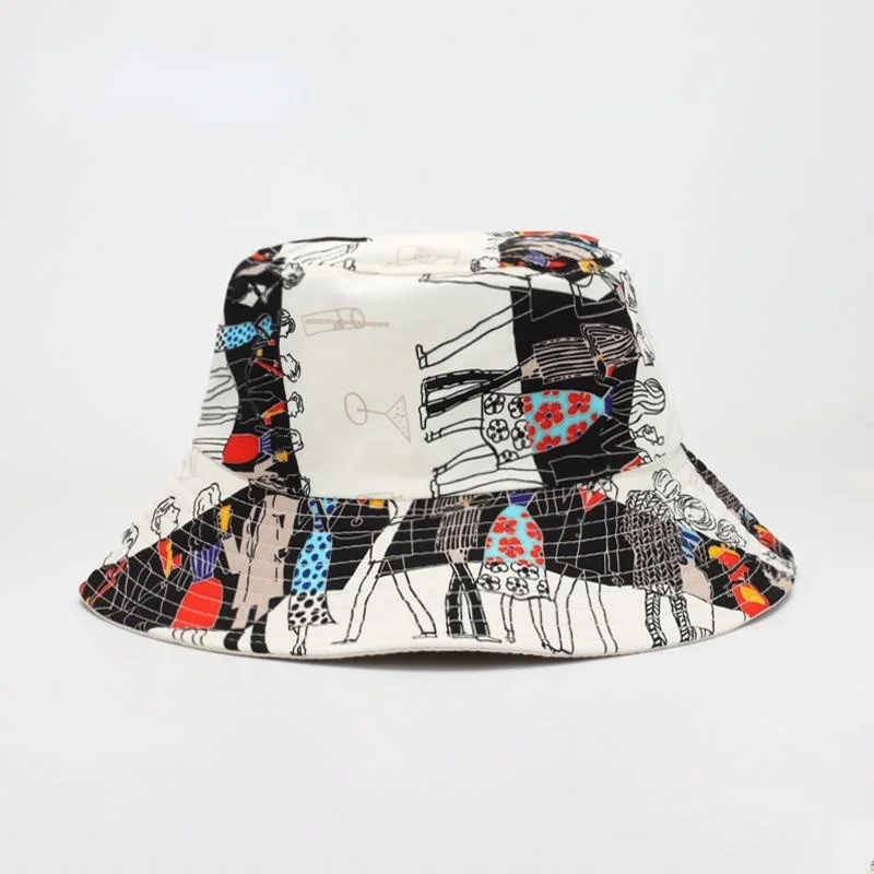 

2021 New Style Double Sided Fisherman Hat Hip Hop Graffiti Fashion Bucket Hats Women Men Korean Cool Flat Top Bucket Cap Gorro