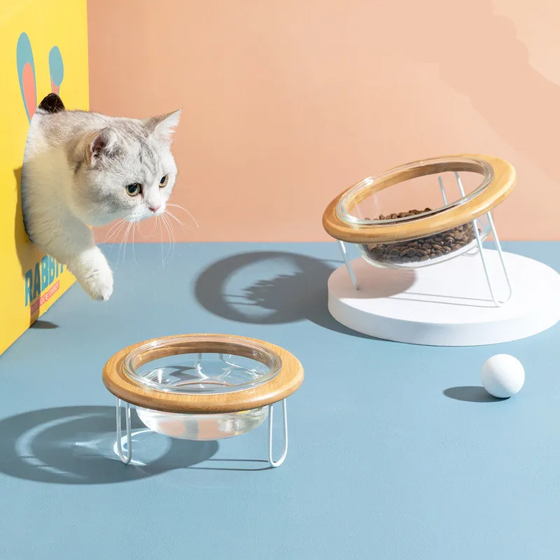 

Cat Feeder Bowl Tilted Design Clear Glass Bowl Kitten Food Water Bowl Cat Water Bowl with Iron Stand Cat Food Container