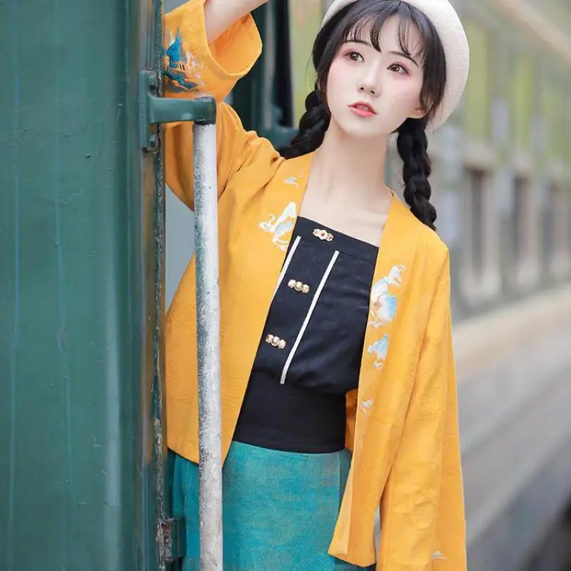 

2021 элегантная женская одежда ханьфу в китайском летнем стиле длиной талии плиссированная зеленая одежда для выступлений косплей костюмы