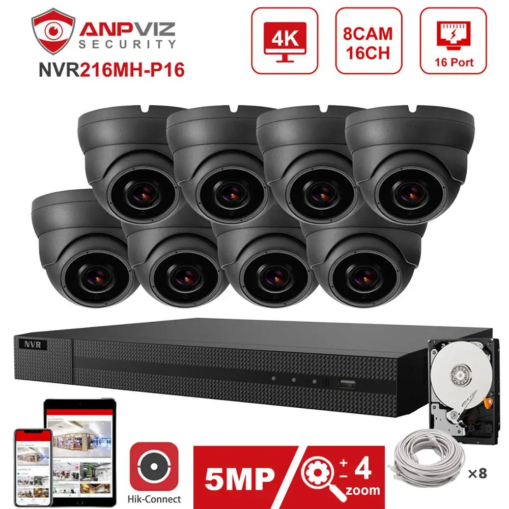 Hikvision OEM 16CH 4K NVR Kit Anpviz 8pcs 5MP 4X POE IP Camera Indoor/Outdoor IP66 Hik Connect 30m P2P|Система наблюдения| |