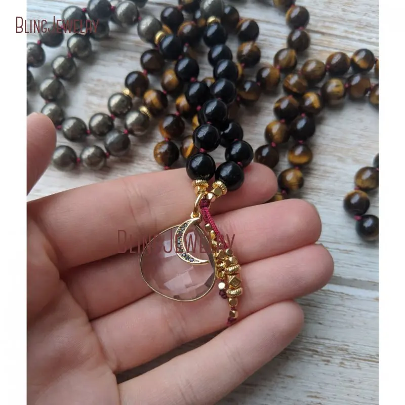 

Tiger Eye Onyx Pyrite 108 Mala Necklace Teardrop Bezel Quartzs Crescent Moon Pendant Hand knotted Necklace MN31550